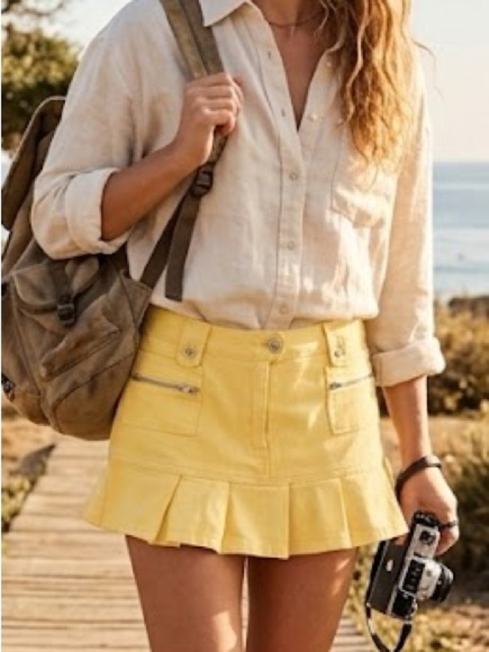 SHEIN Y2K Butter Yellow Pleated Utility Short Cargo Denim Mini Skirt Size L New